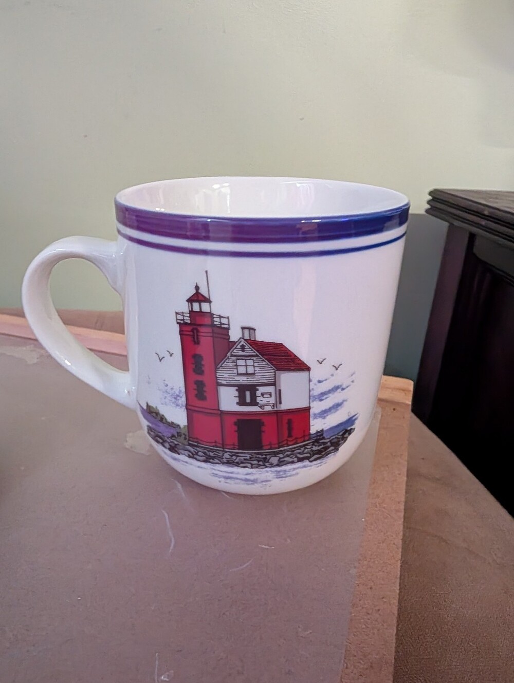 Libbey White Ceramic Mug with Red Lighthouse and Purple Rim